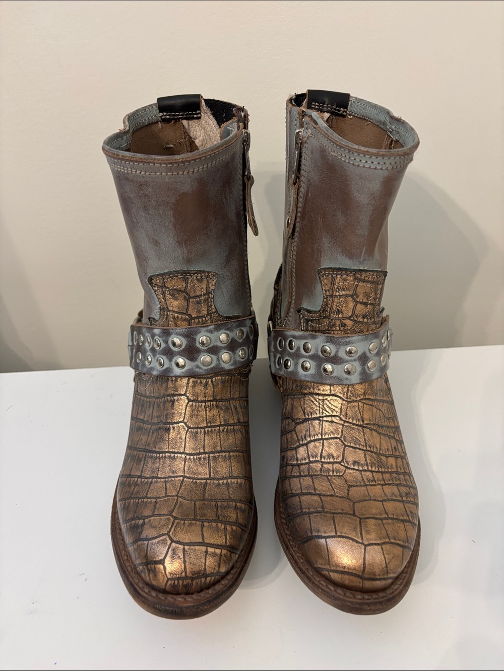 Freebird by Steven Metallic Bronze Croc-Embossed Studded Combat Boots